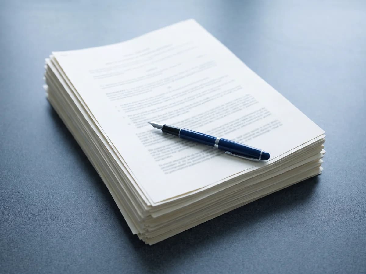Stacked legal notices and a fountain pen