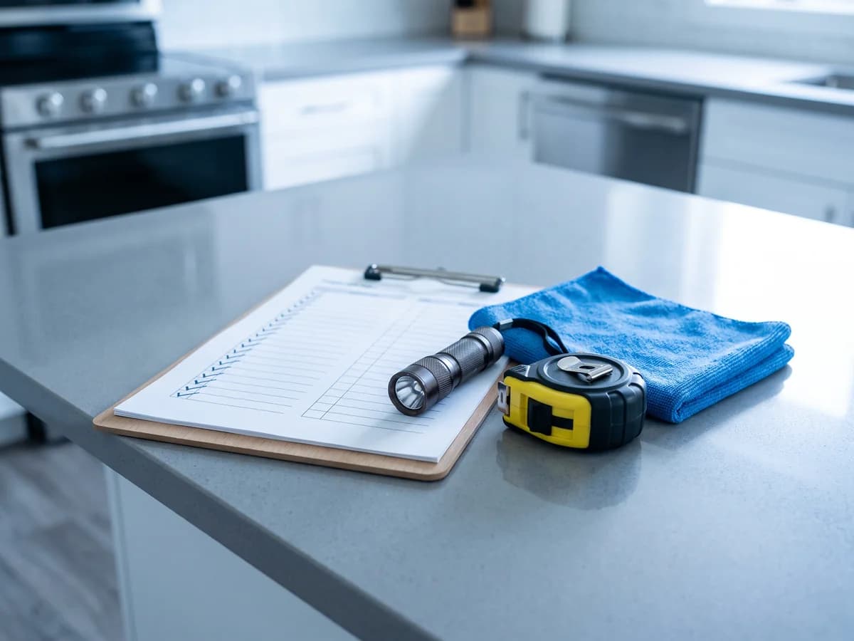 Property-inspection kit — clipboard, flashlight, measuring tape