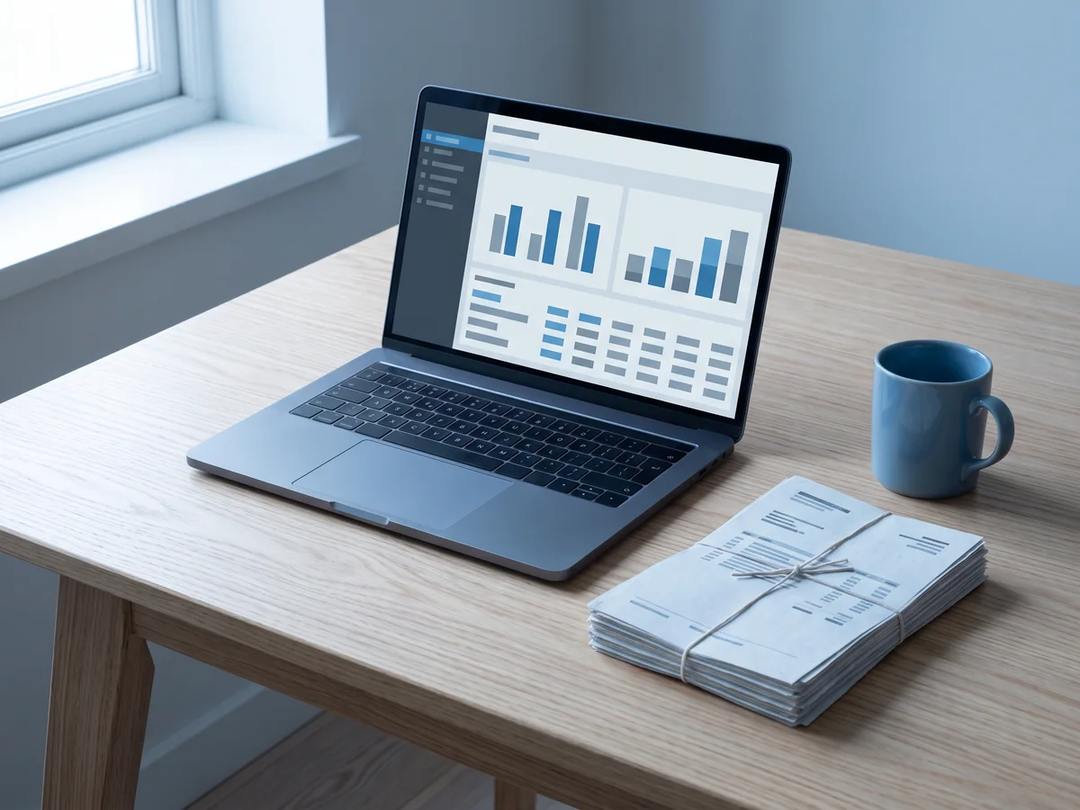 Laptop finance dashboard with rent-collection statements